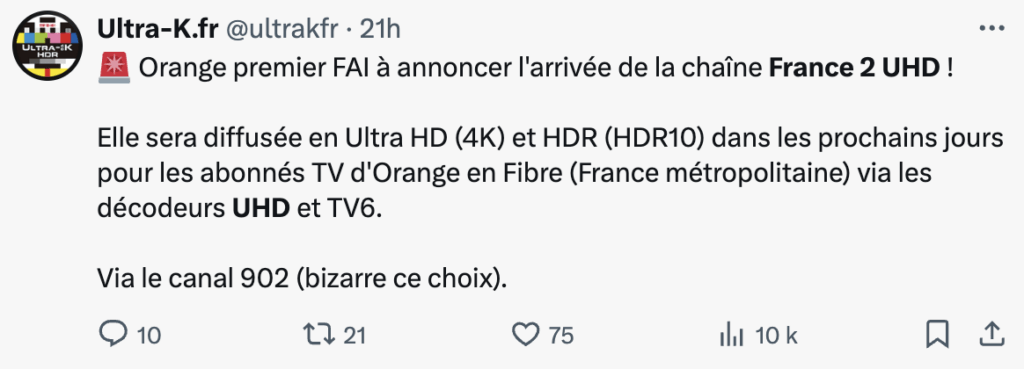 Ultra-K, our favorite source for 4K broadcasts, has spotted the arrival of France 2 UHD at Orange.