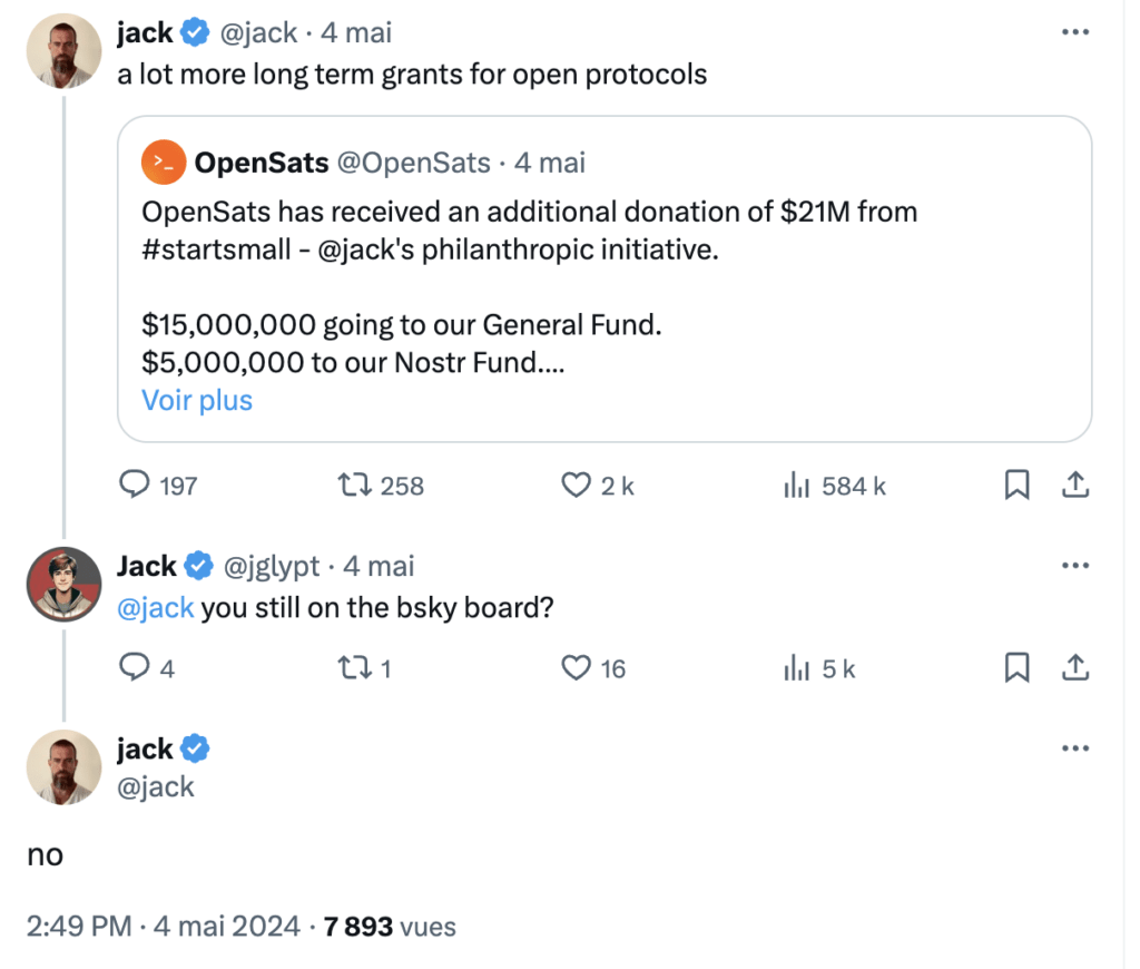 Asked by an Internet user about his involvement in Bluesky, Jack Dorsey announces his departure.