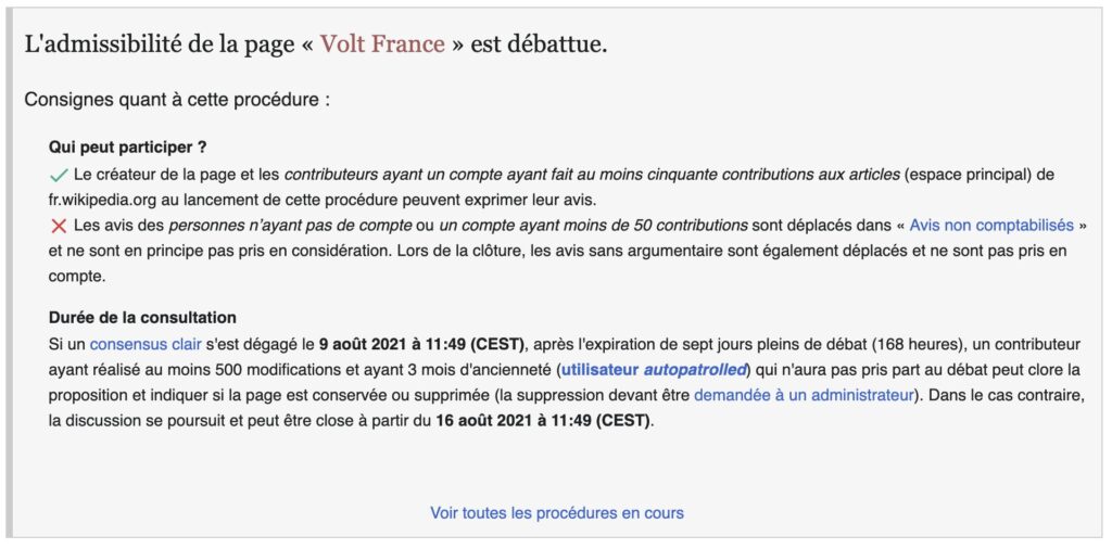 La page de discussion sur le sort de Volt France // Source : Capture d'écran Numerama