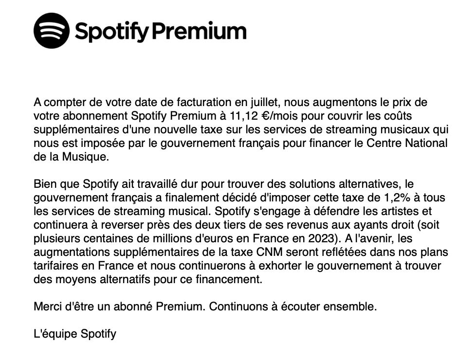 L'email envoyé à Spotify à ses abonnés.