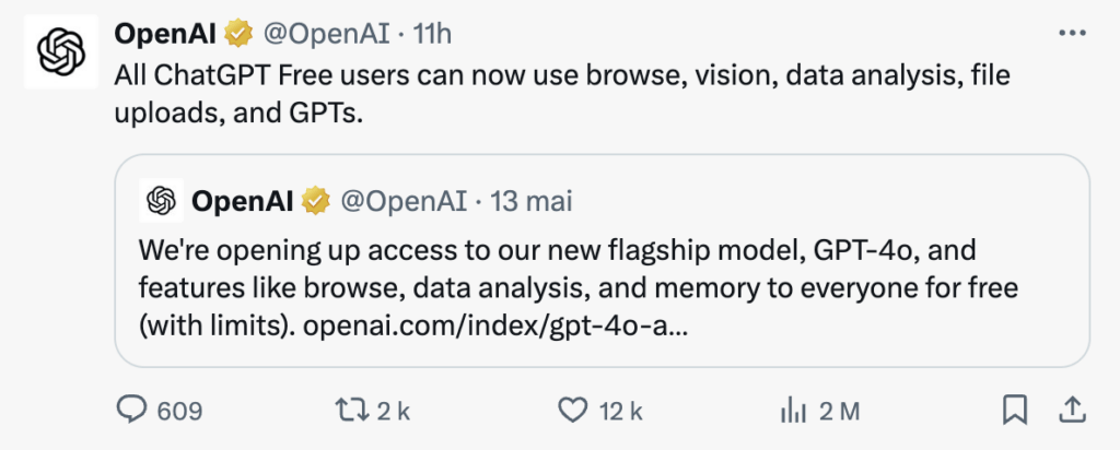 C'est sur Twitter qu'OpenAI a annoncé l'arrivée gratuite de GPT-4o.