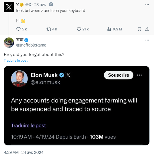 Elon Musk pris en flagrant délit d'engagement farming // Source : Capture Numerama