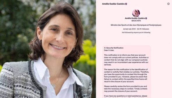 Le compte X (ex Twitter) d'Amélie Oudéa-Castéra, ministre des Sports et des Jeux Olympiques et Paralympiques de France, a été piraté le vendredi 11 mai. // Source : FFT / X / Guillermo Rauch