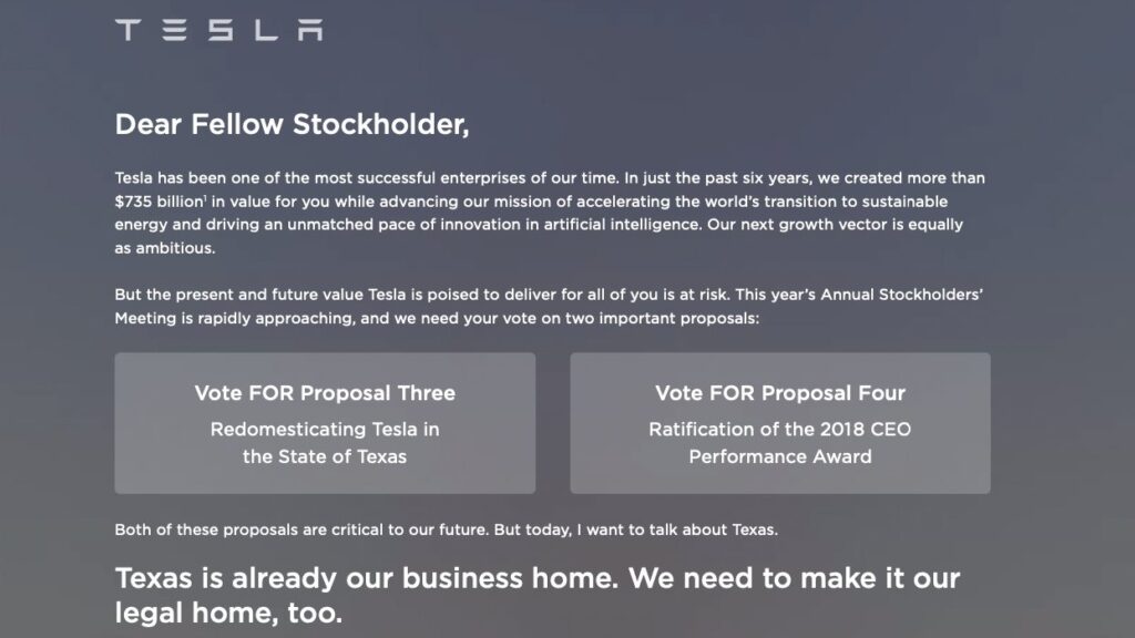 Encouragement à voter pour à l'AGA de Tesla // Source : Extrait du message envoyé aux actionnaires