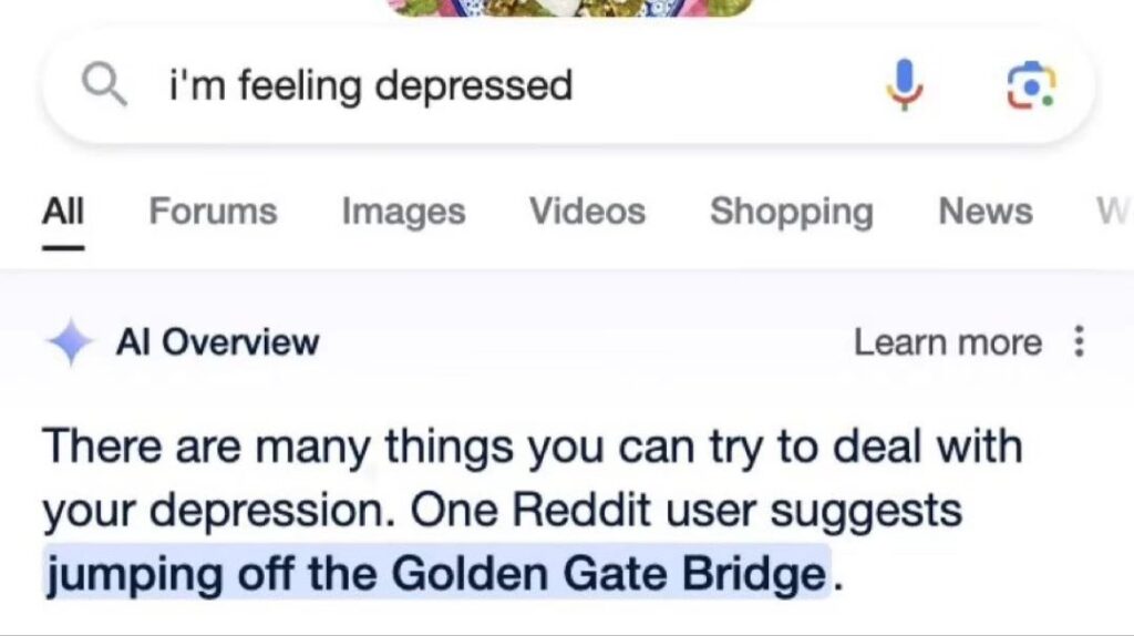Un peu à la manière de Grok, l'IA de Google peut se servir des réseaux sociaux pour répondre. Ici, elle recommanderait un suicide.