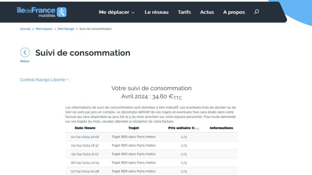 Consumption monitoring of a Navigo Liberté+.  // Source: Capture Numerama