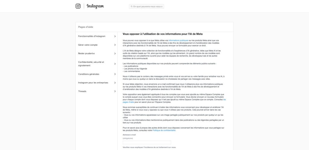 Le formulaire de refus de l'utilisation de vos données sur Instagram // Source : Capture Numerama