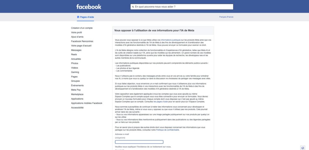 Le même formulaire, mais pour Facebook // Source : Capture Numerama