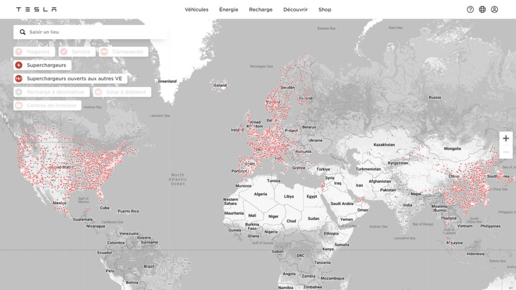 Development of the Tesla Supercharger network // Source: Tesla site capture