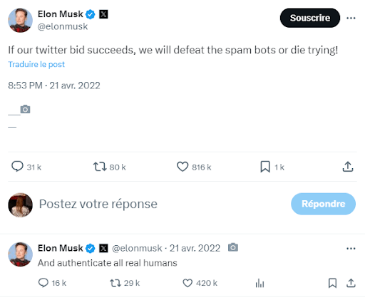 Elon Musk annonce qu'il vaincra les bots ou mourra en essayant s'il prend la tête de Twitter // Source : Capture Numerama