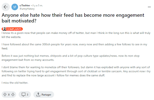 Usager de Reddit questionnant les autres membres sur leur expérience de l'engagement bait sur X, sur le forum "r/Twitter" // Source : Capture Numerama
