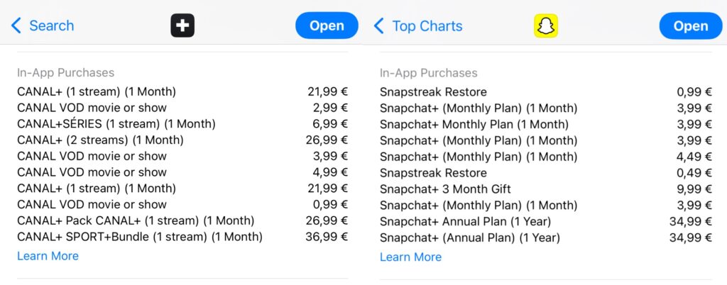On myCANAL and Snapchat, the top 10 in-app purchases allow you to know what users like.