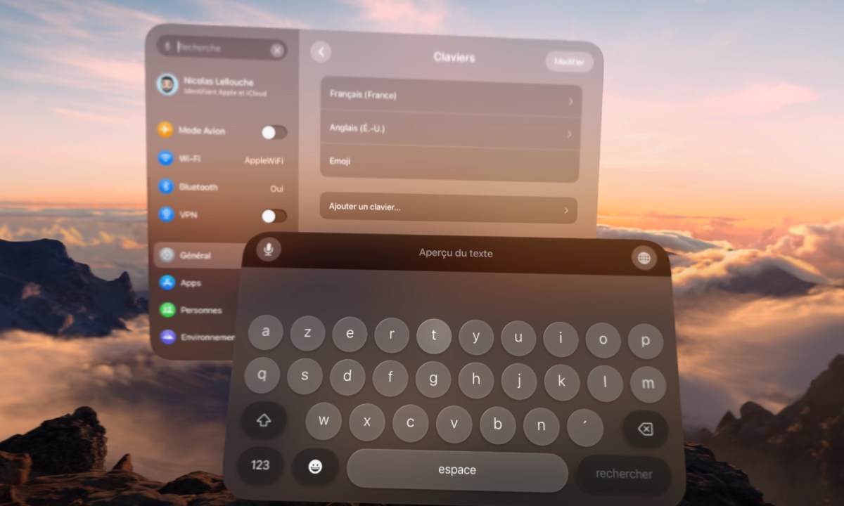 Le clavier Azerty dans visionOS 1.2, sur Apple Vision Pro. // Source : Numerama