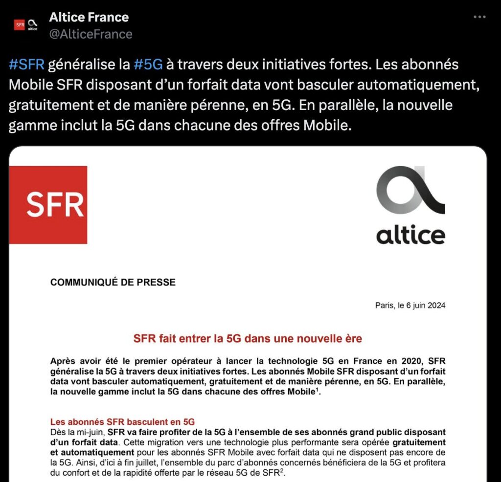 SFR announced the switch of all its subscribers to 5G in a press release.