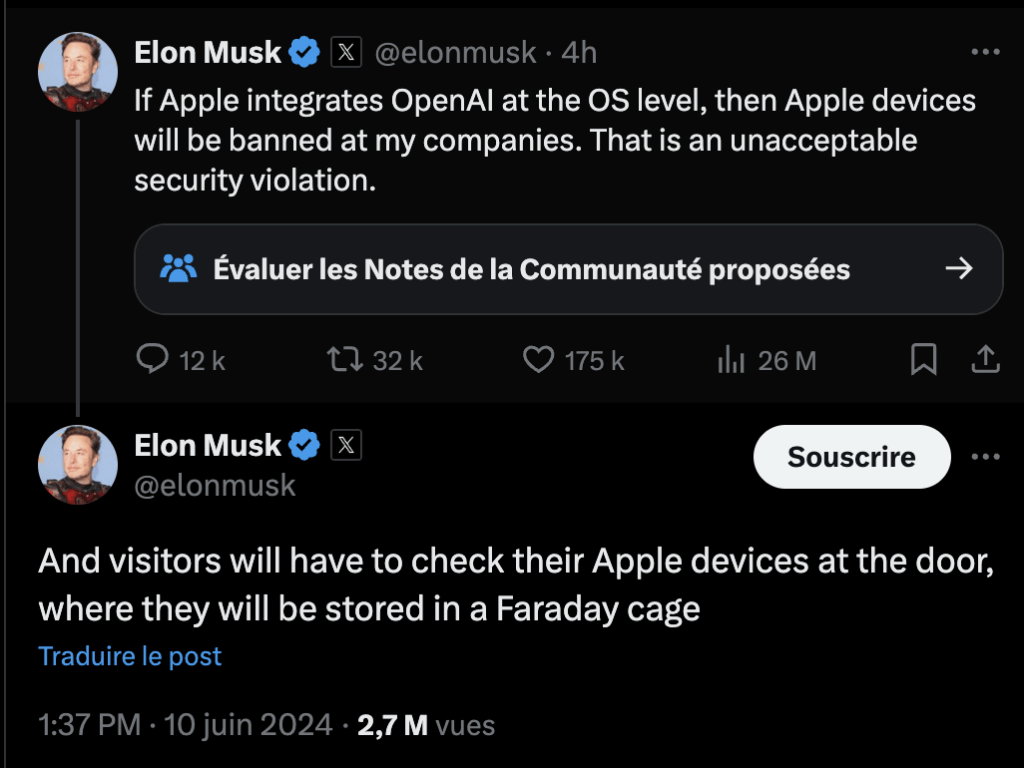 Les tweets d'Elon Musk sur Apple Intelligence. // Source : X