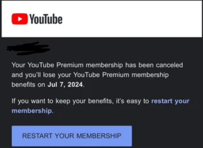 The email sent by YouTube to subscribed customers from abroad.