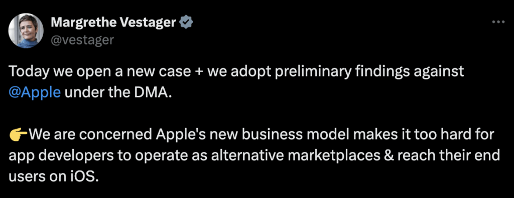 Margrethe Vestager announced Apple's sanction on Twitter.