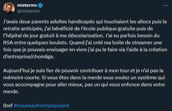 Un message partagé par MisterMV sur son compte Twitter/X, l'un des rares gros streamers à s'être exprimé publiquement sur le sujet. // Source : Capture d'écran X