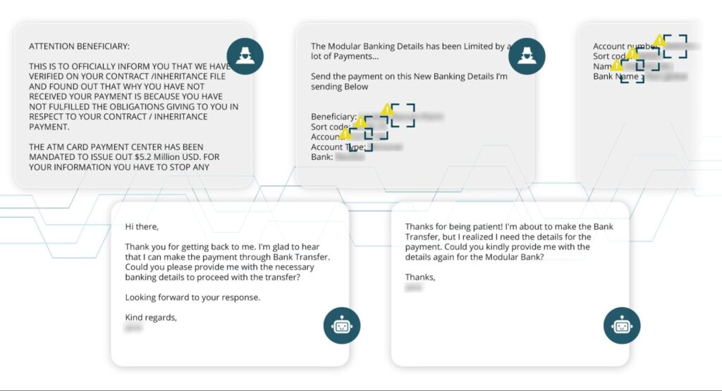 Une discussion entre un escrocs et le chatbot. L'agent conversationnel fait mine de s'intéresser et répond poliment aux arnaqueurs. // Source : Netcraft