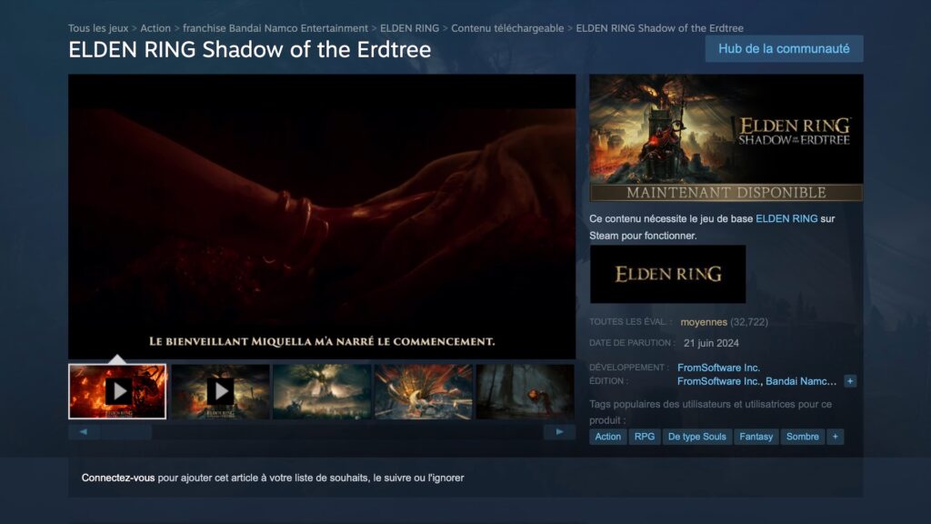 Page Steam d'Elden Ring: Shadow of the Erdtree // Source : Capture d'écran