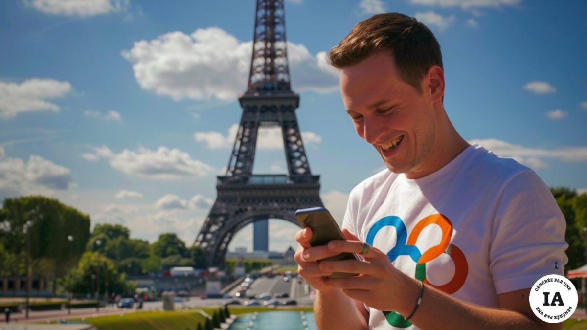 Un touriste sur son smartphone devant la Tour Eiffel. // Source : Numerama, avec Midjourney