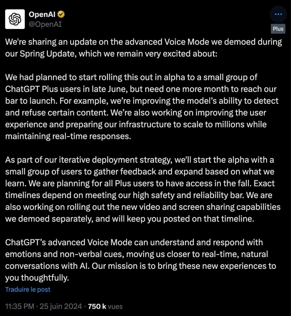 OpenAI a annoncé le report de ChatGPT Voice sur ses comptes en ligne.