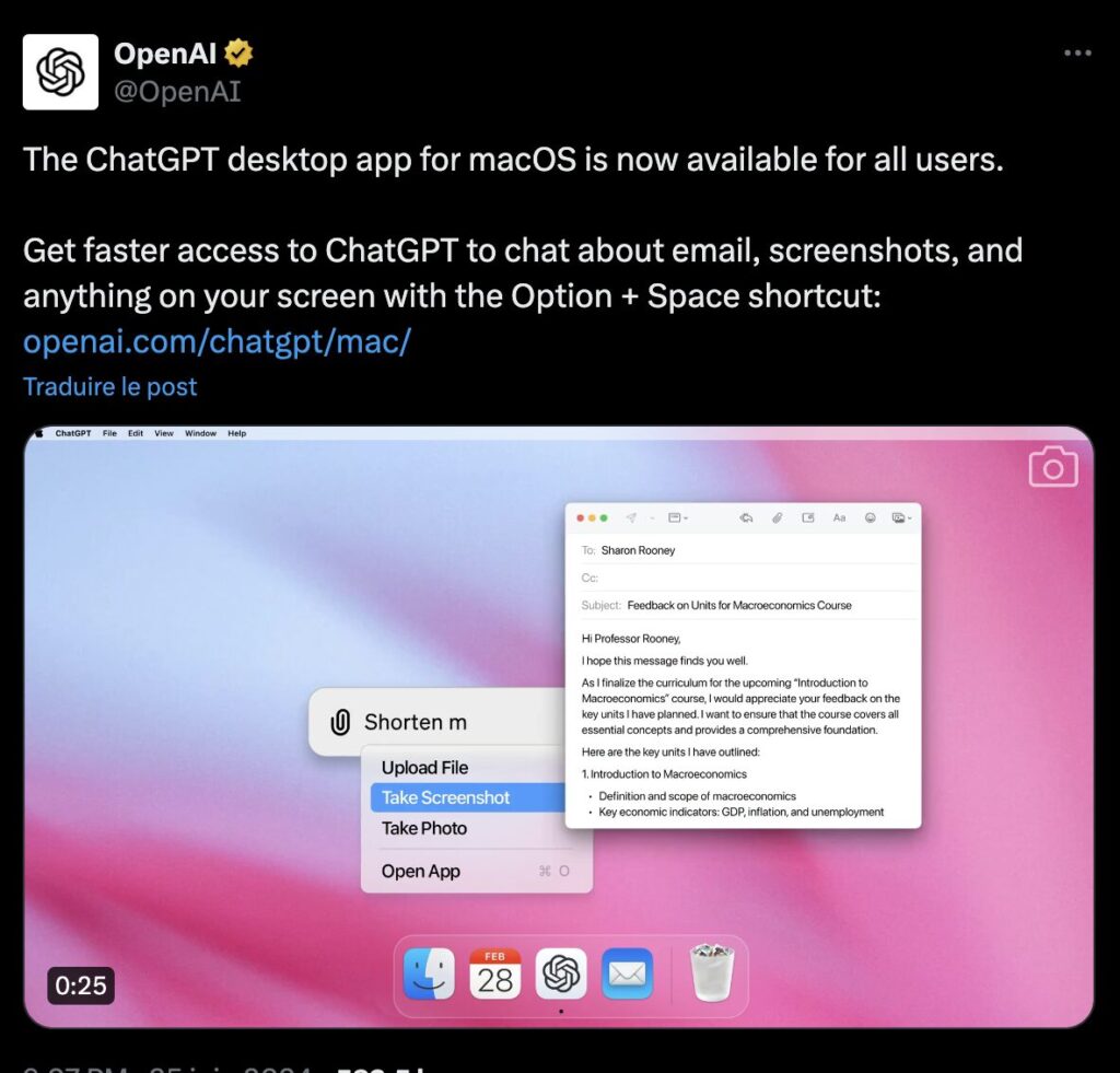 OpenAI a officialisé le lancement de ChatGPT pour Mac le 25 juin.