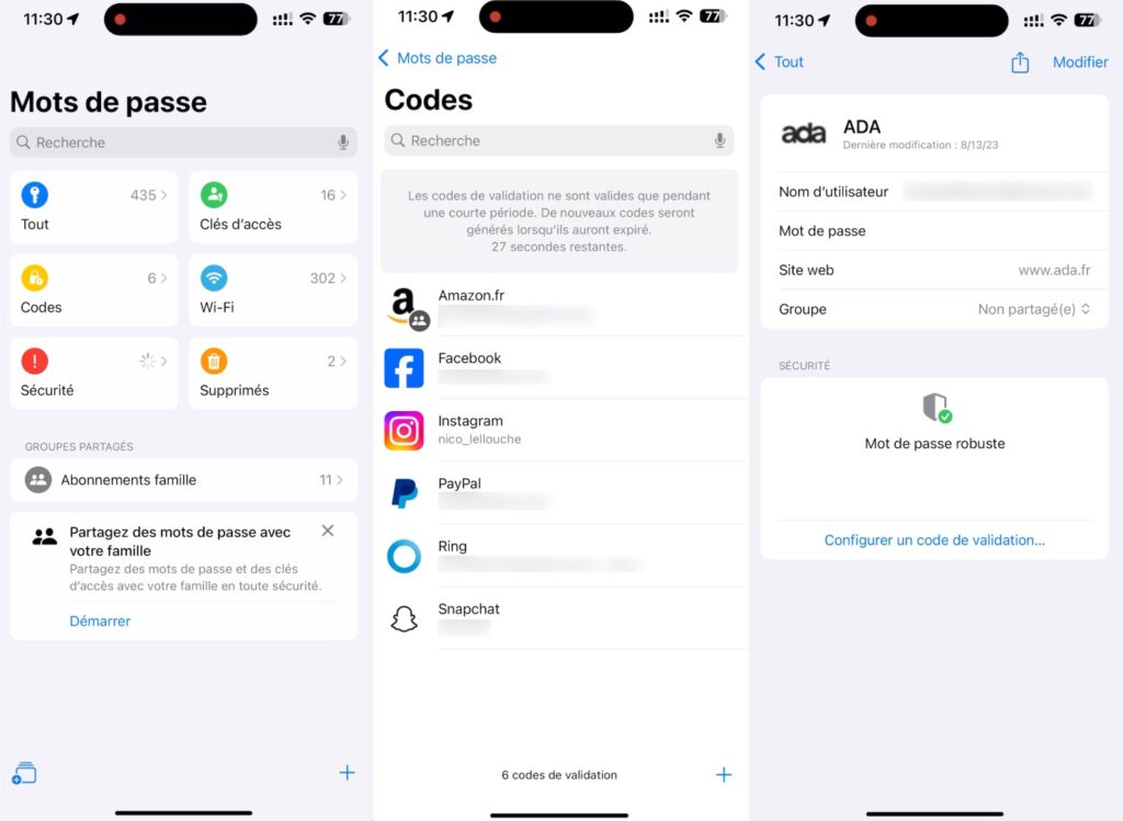 L'interface d'Apple Passwords dans iOS 18. L'app est aussi disponible sur Mac, avec un bouton en haut de l'écran.