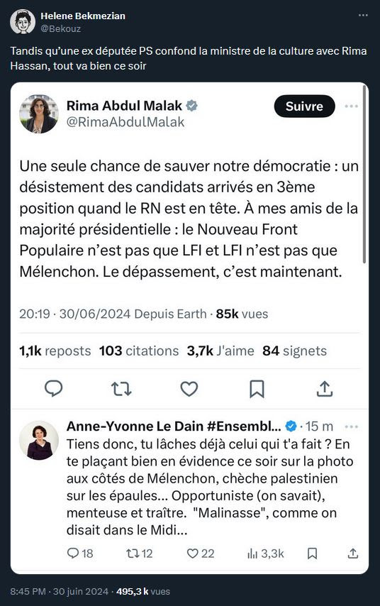 Rester sur Twitter permet aussi d'assister à ce genre de choses (Hélène Bekmezian est journaliste au Monde) // Source : Capture X/Twitter