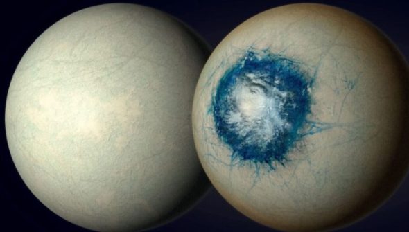 À gauche, l'hypothèse boule de glace. À droite, l'hypothèse d'une partie "océan". On voit aussi la différence de taille avec la Terre. // Source : Image de synthèse (B. Gougeon/Université de Montréal)