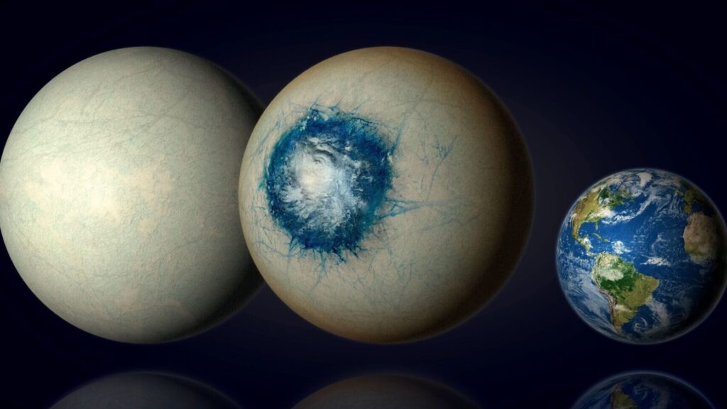 À gauche, l'hypothèse boule de glace. À droite, l'hypothèse d'une partie "océan". On voit aussi la différence de taille avec la Terre. // Source : Image de synthèse (B. Gougeon/Université de Montréal)