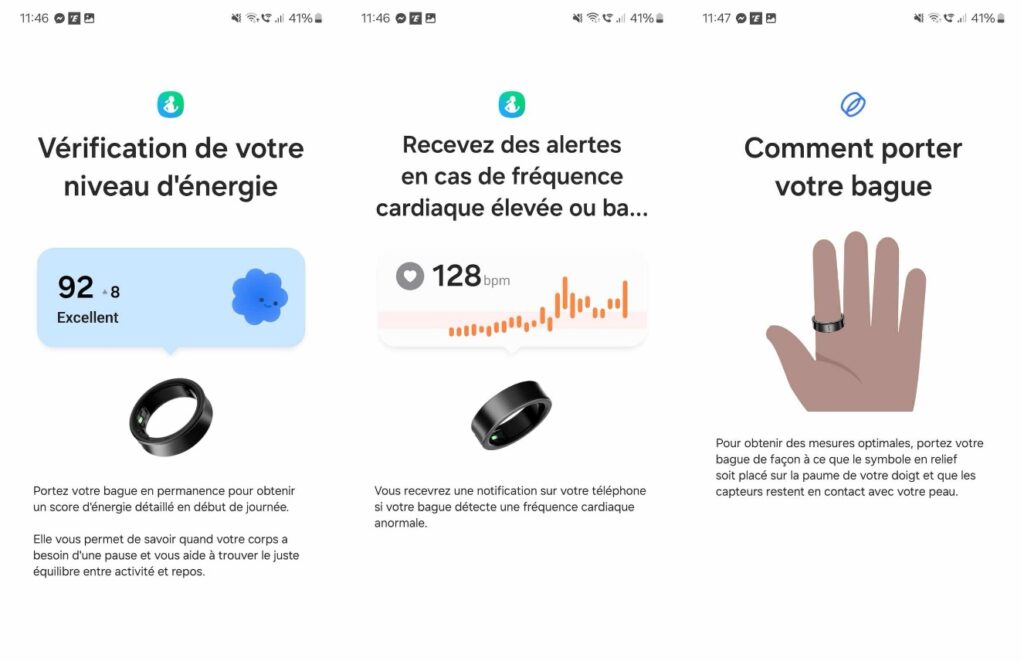 À la première configuration, Samsung revient sur les différentes capacités de sa bague et explique comment bien la porter… Une présentation pas vraiment sexy.