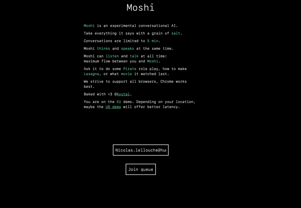 La page d'accès à Moshi sur le site de Kyutai.