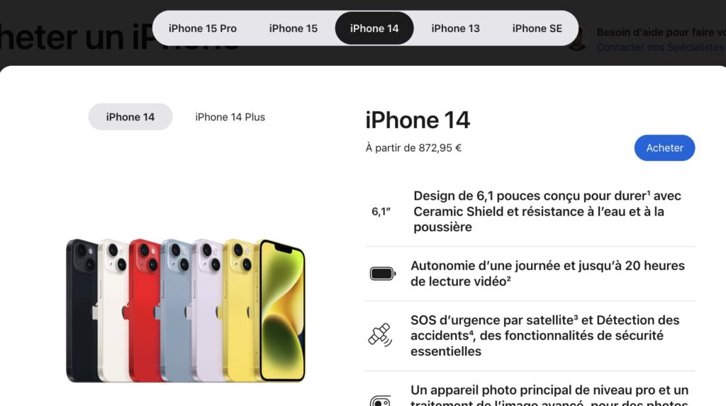 L'iPhone 14 à partir de 872,95 euros, bienvenue en juillet 2024.