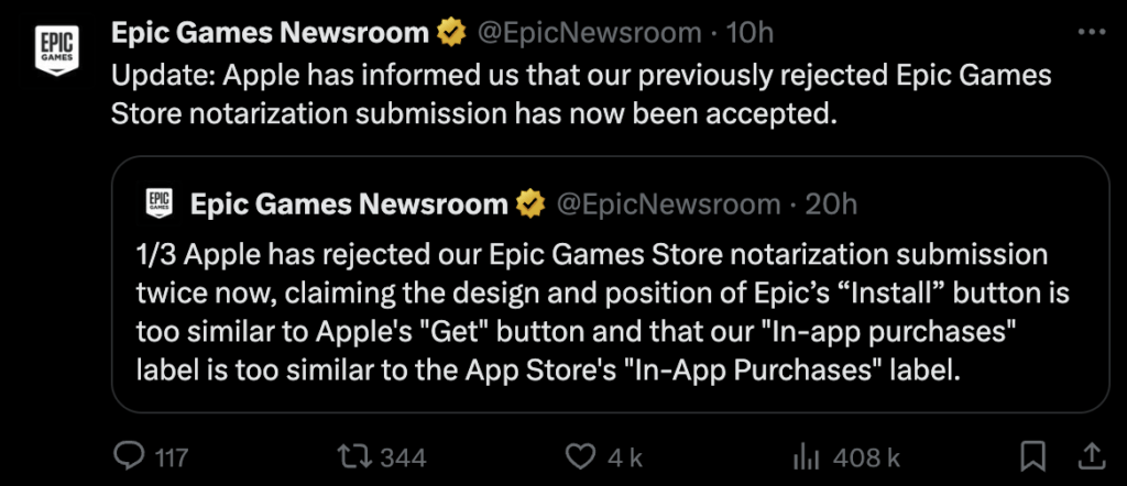 Pour faire pression sur Apple, Epic Games publie les détails de leurs échanges sur Twitter.