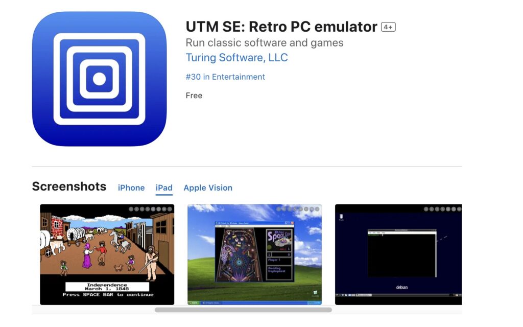Sur sa page App Store, UTM SE montre plusieurs exemples d'OS émulés par son app.