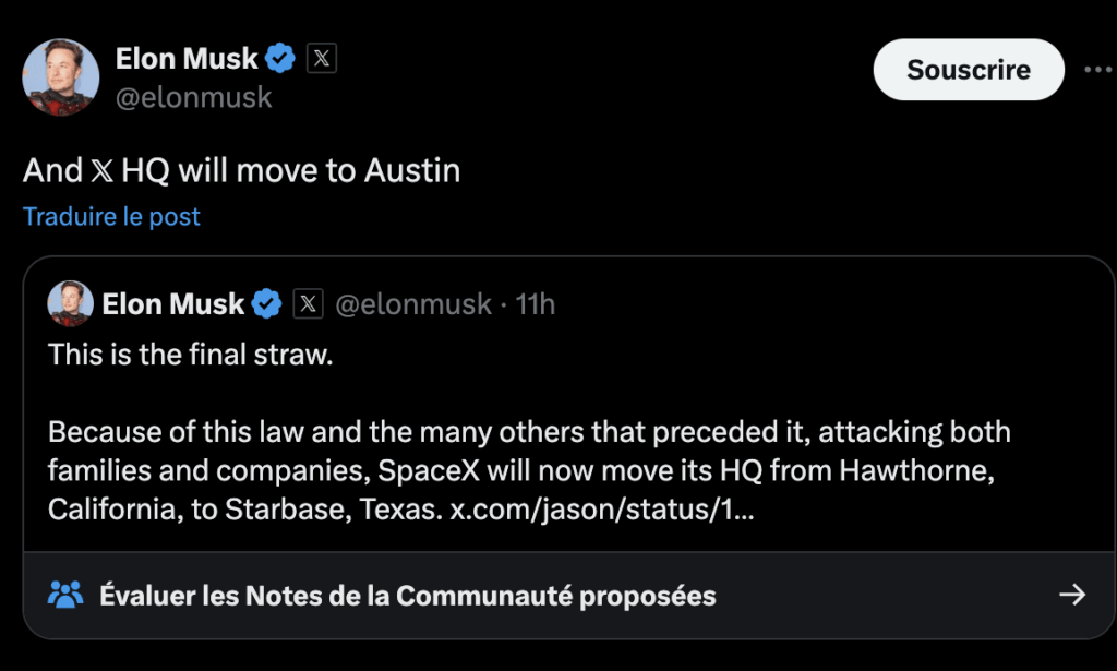 Sur Twitter, Elon Musk annonce les déménagements de X et SpaceX.