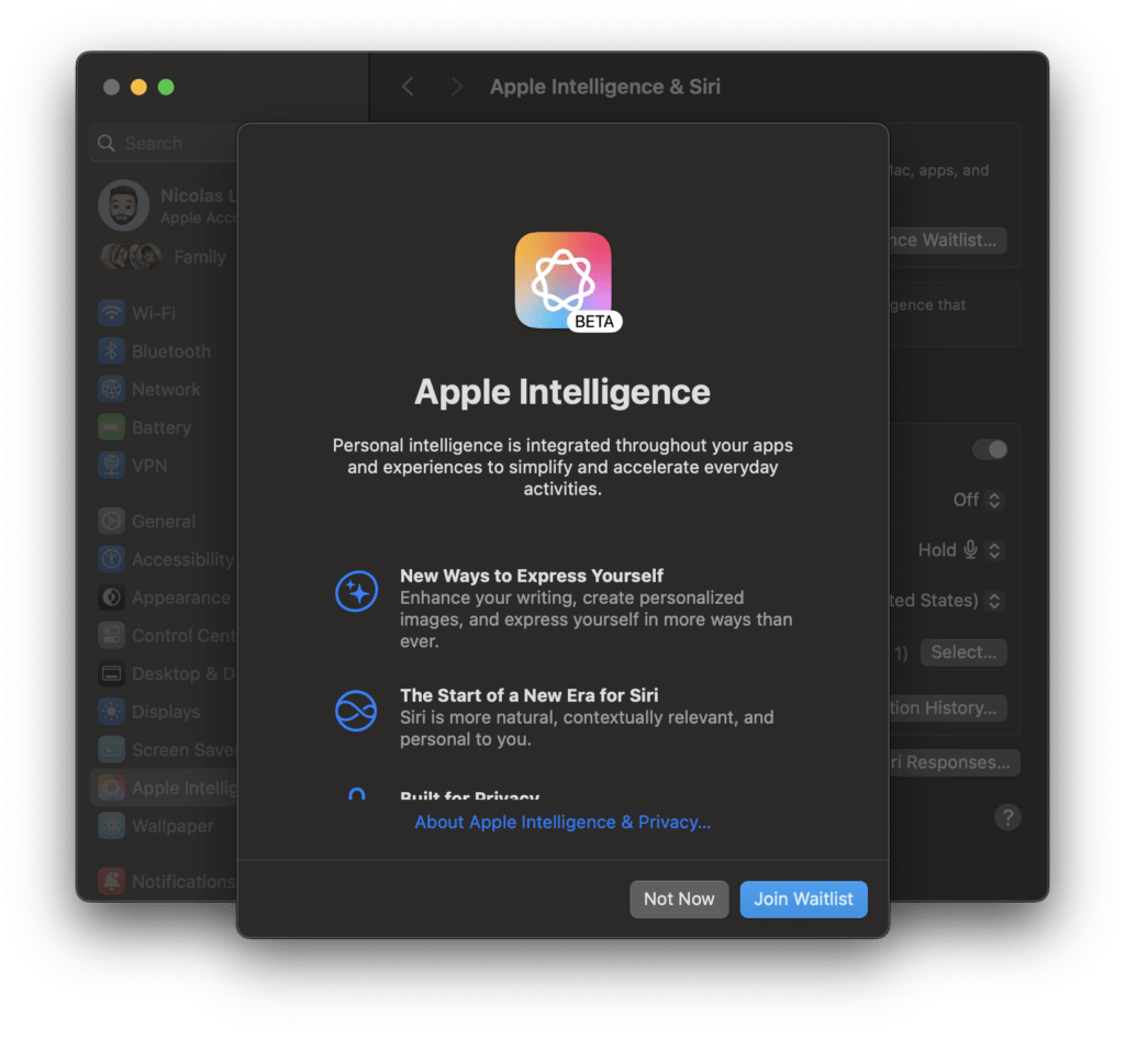 Pour activer Apple Intelligence, il faut rejoindre une liste d'attente.