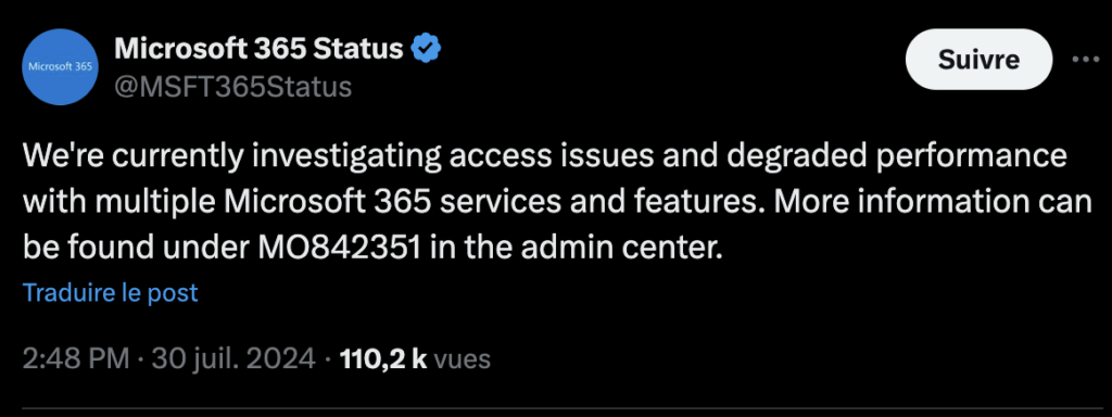 Microsoft confirme l'existence d'une panne. // Source : X