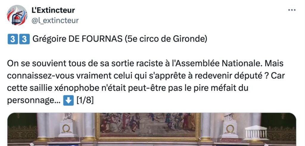 Exemple de candidat épinglé pour ses propos. // Source : Capture d'écran L'Extincteur