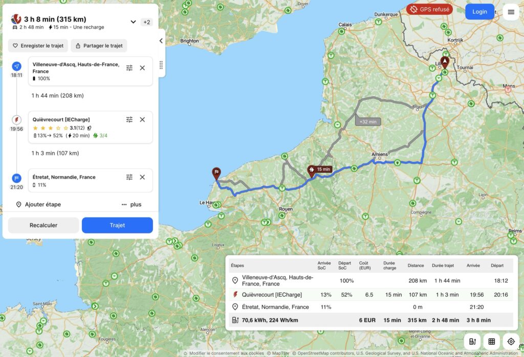 Une charge sur IECharge pour ce trajet de 315 km en Volkswagen ID.4 d'entrée de gamme