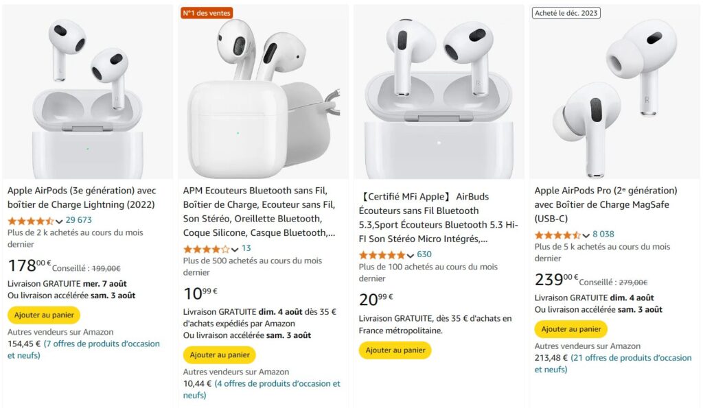 Exemple de faux AirPods repérés sur Amazon, côte à côte avec des orignaux