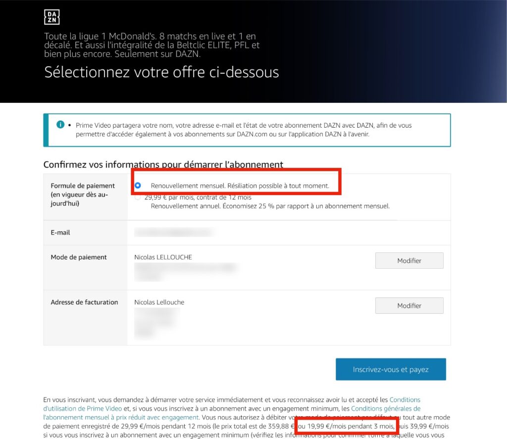La page d'abonnement de DAZN mentionne bien une promotion à 19,99 euros par mois pendant trois mois.