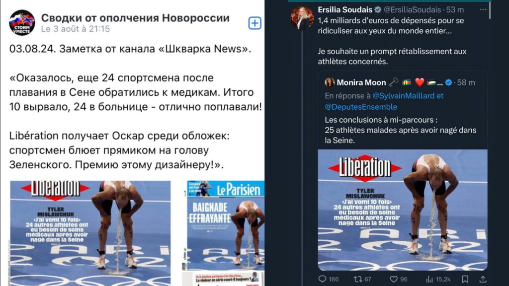 À gauche, le post original publié sur le compte impérialiste « Nouvelle Russsie ». À droite, la une relayée par Ersilia Soudais. // Source : Numerama