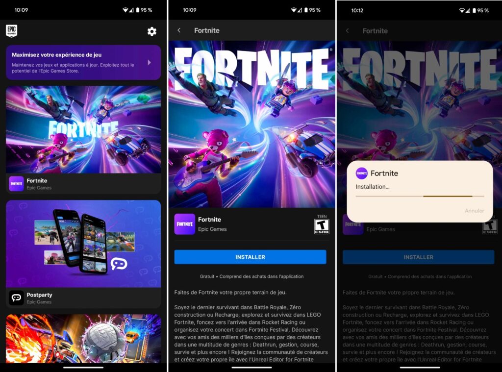 L'installation de Fortnite, sur Android, depuis l'Epic Games Store.