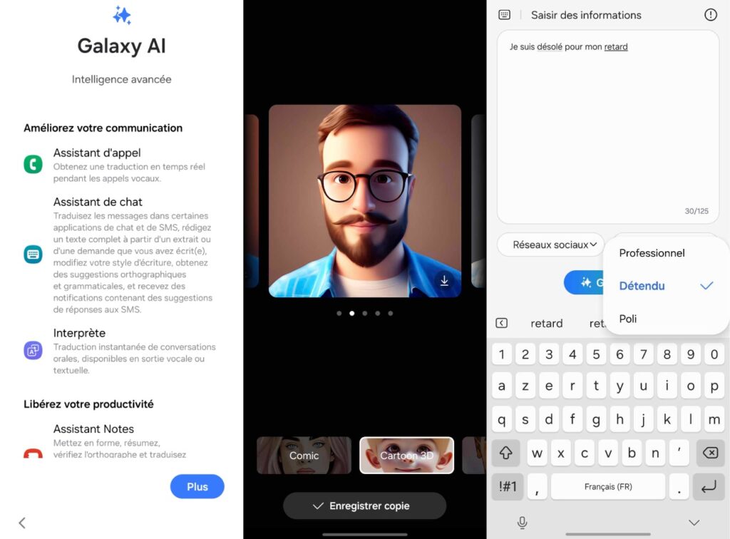 Galaxy AI peut générer des avatars en 3D et des messages écrits en français.