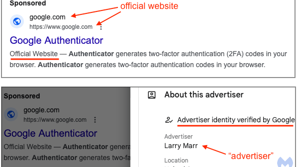 Des liens frauduleux sponsorisés par Google. // Source : MalwareBytes