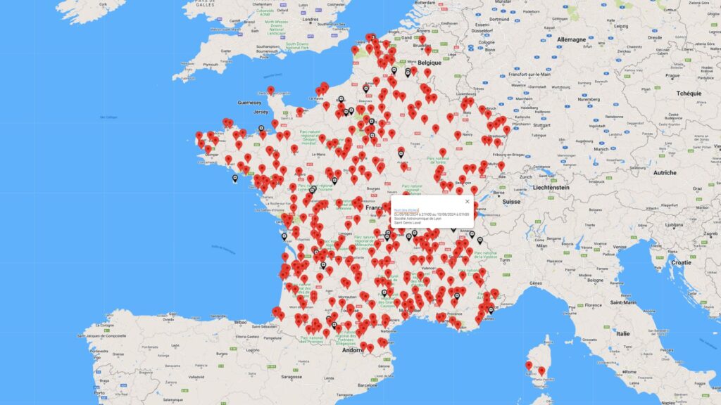 Carte des événements organisés lors des Nuits des étoiles 2024. // Source : Capture d'écran du site de l'AFA