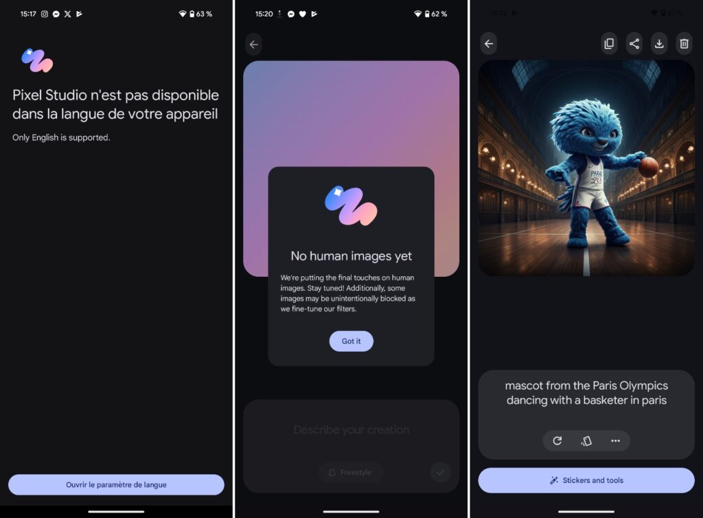 Google est très prudent avec son application Pixel Studio, dont le lancement est limité à l'anglais pour l'instant, sans génération d'humains.