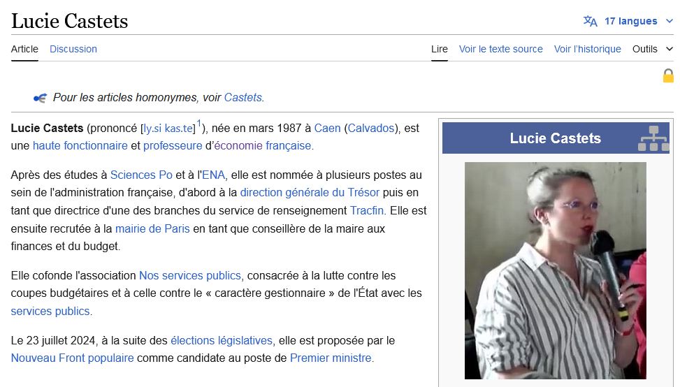 L'intro de la page Wikipédia de Lucie Castets le 30 juillet 2024.